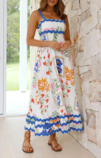 Holiday Digital Printed Long Women Fashion Summer Elegant A Line Vintage Sling Maxi Dress LIGHT BLUE / S