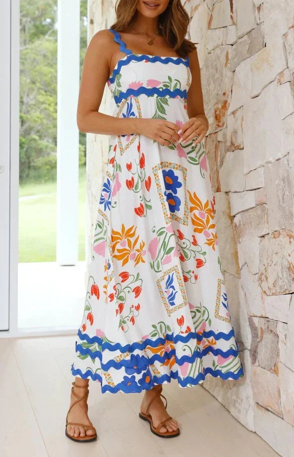 Holiday Digital Printed Long Women Fashion Summer Elegant A Line Vintage Sling Maxi Dress LIGHT BLUE / S