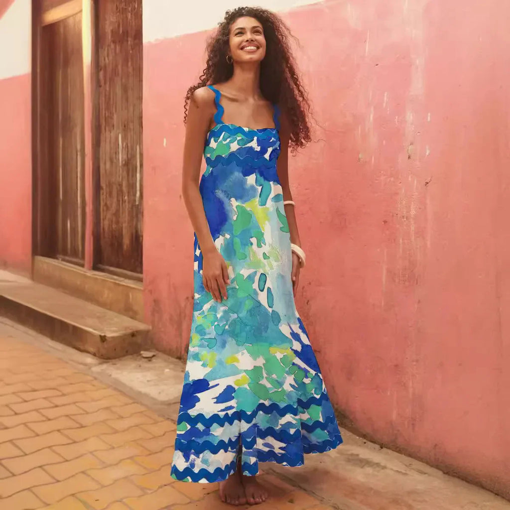 Holiday Digital Printed Long Women Fashion Summer Elegant A Line Vintage Sling Maxi Dress NAVY BLUE / S