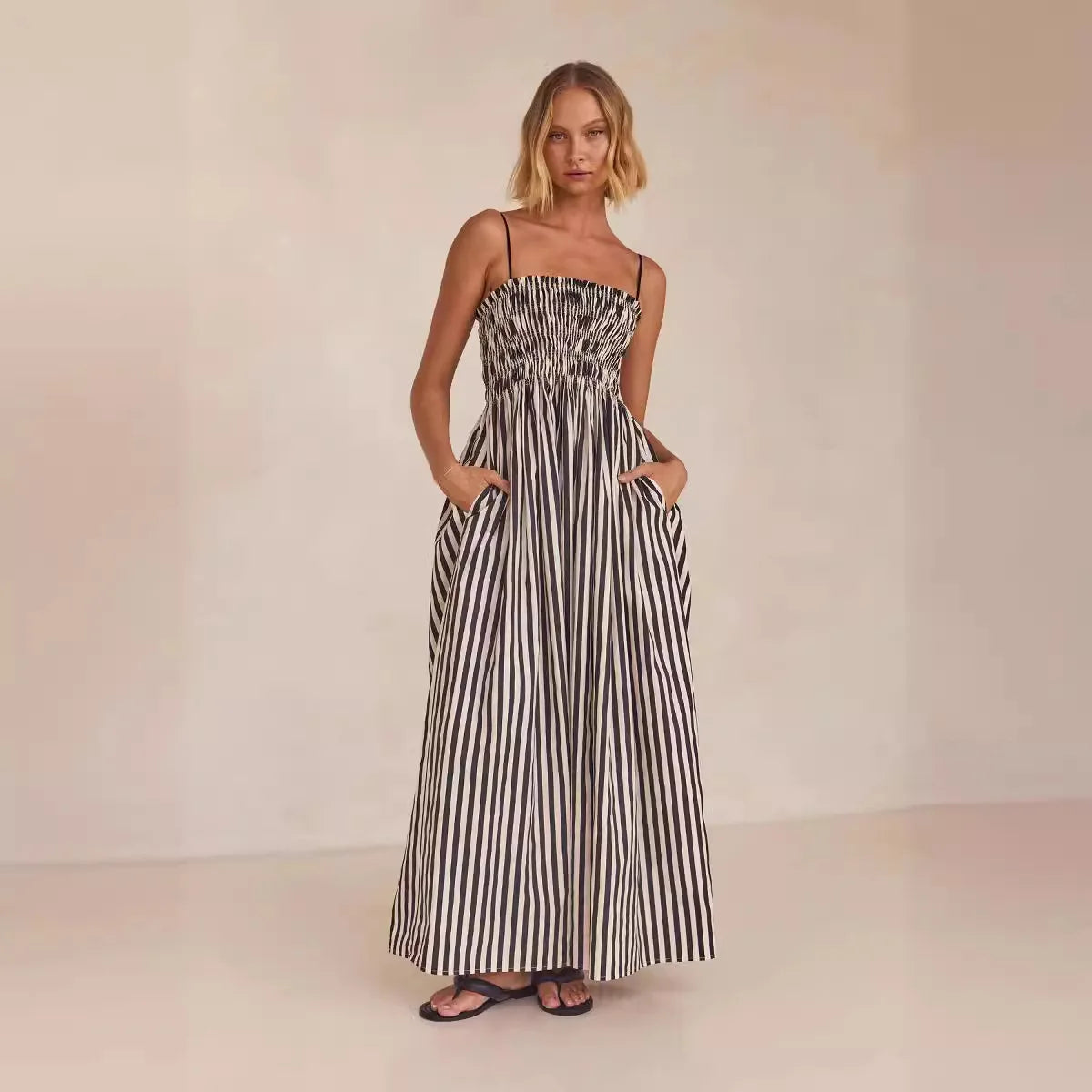 Holiday Striped Printed Beach 2024 Spring New Women Rubber Large Swing Retro Maxi Dress