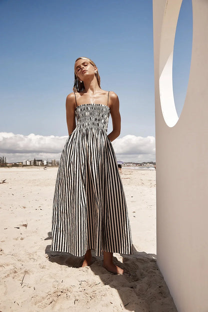 Holiday Striped Printed Beach 2024 Spring New Women Rubber Large Swing Retro Maxi Dress