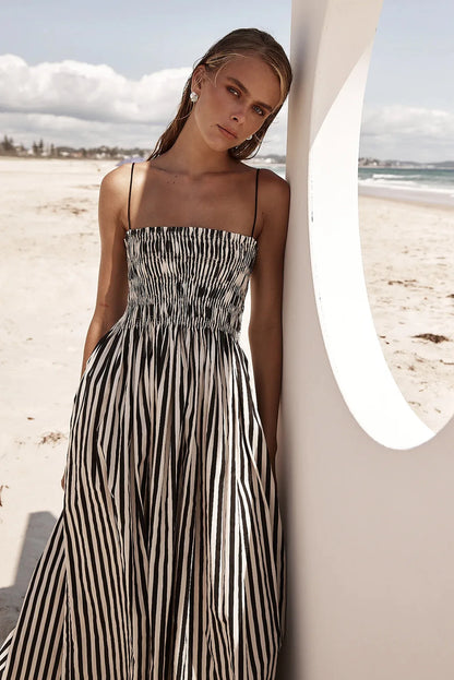 Holiday Striped Printed Beach 2024 Spring New Women Rubber Large Swing Retro Maxi Dress