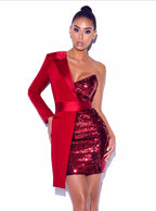 Silver Night Wine Red Graceful Sequin Crepe Tuxedo Blazer Dress S / US 4 6 Dresses