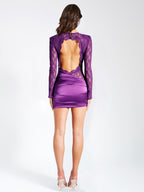 Quartney Purple Long Sleeve Graceful Lace Satin Mini Dress Dresses