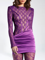 Quartney Purple Long Sleeve Graceful Lace Satin Mini Dress L / US 10 12 Dresses