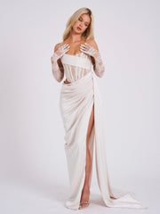 Callie Pearl White Lace Graceful Satin Corset High Slit Gown S / US 4 6 Gowns