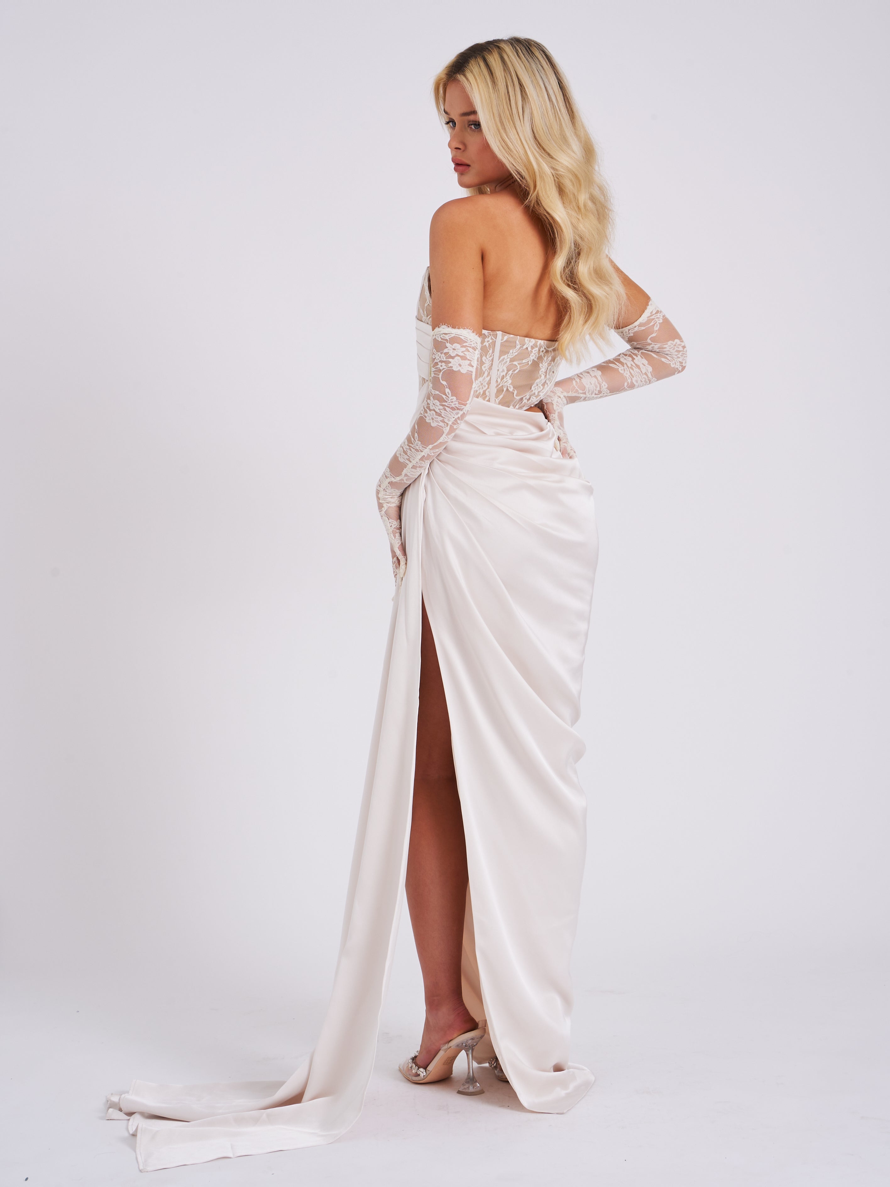 Callie Pearl White Lace Graceful Satin Corset High Slit Gown XL / US 12 14 Gowns