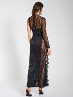 Weslyn Black Satin Charming Lace High Slit Dress Dresses
