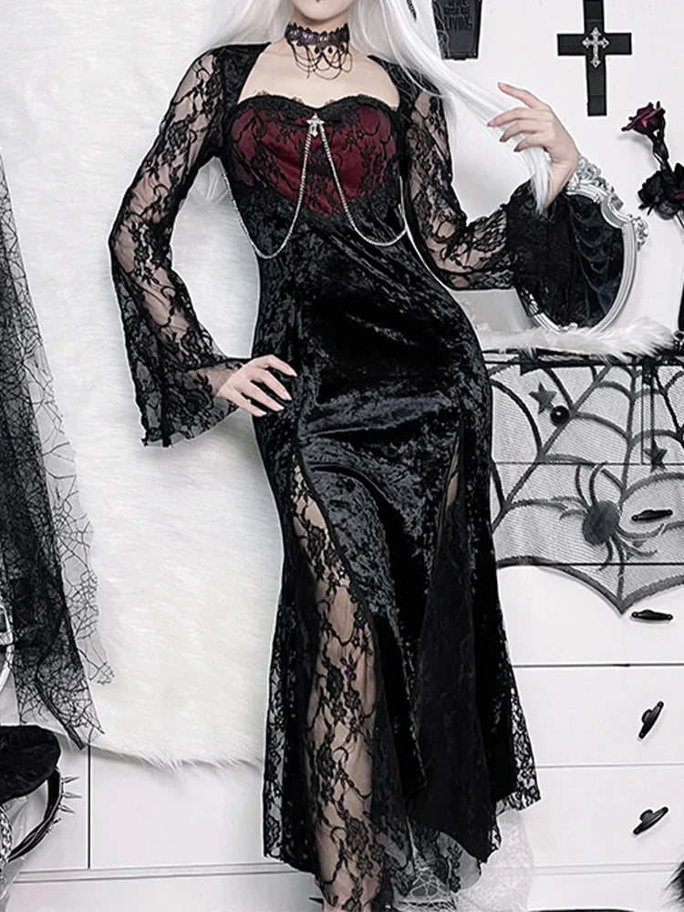 Chain Long Gothic Party Velvet High Slit Lace Tube Maxi Bodycon Dress