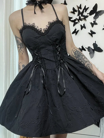 Goth Print Rose Lace Up A Fairy Grunge Backless V Neck Summer Party Dress