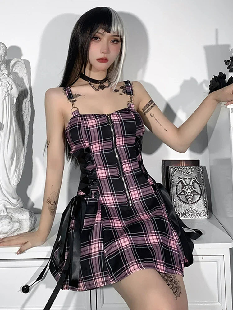 High Sexy Aesthetic Grunge Emo Strap Plaid Spaghetti Party Punk Zipper Mall Goth Mini Waist Dress