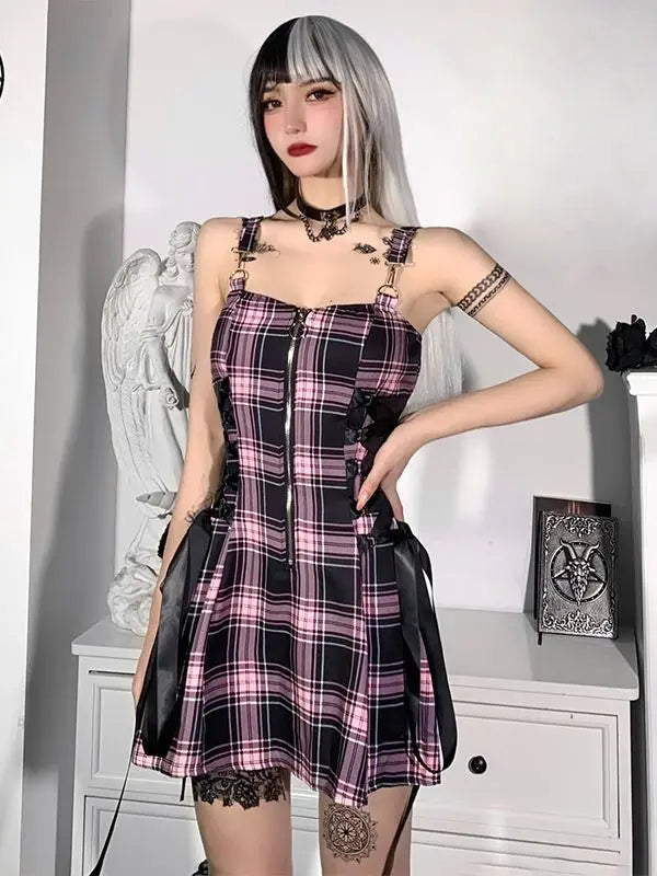 High Sexy Aesthetic Grunge Emo Strap Plaid Spaghetti Party Punk Zipper Mall Goth Mini Waist Dress