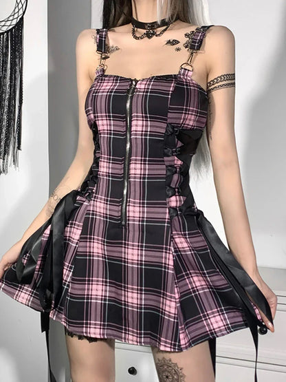 High Sexy Aesthetic Grunge Emo Strap Plaid Spaghetti Party Punk Zipper Mall Goth Mini Waist Dress