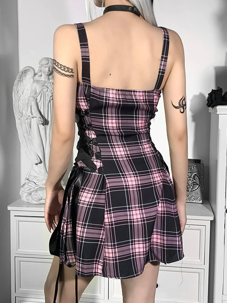 High Sexy Aesthetic Grunge Emo Strap Plaid Spaghetti Party Punk Zipper Mall Goth Mini Waist Dress