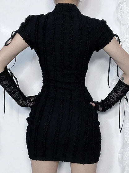 Gothic Hollow Out Collar Short Sleeve Vertical Texture Knitted Hip Dress