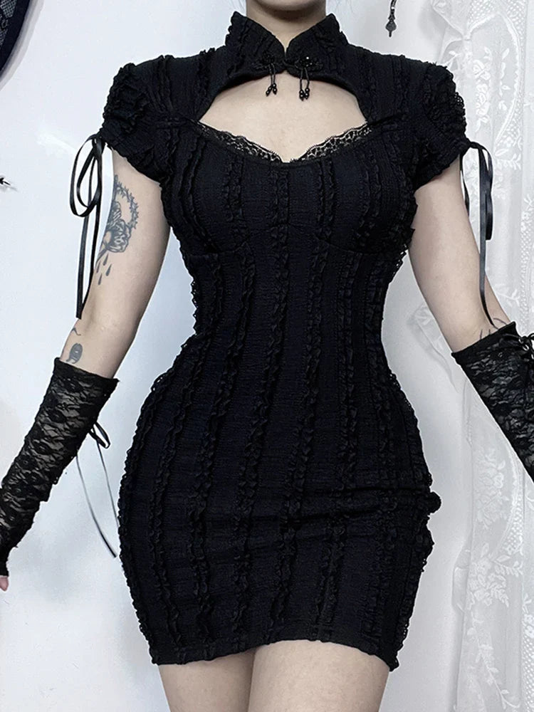 Gothic Hollow Out Collar Short Sleeve Vertical Texture Knitted Hip Dress