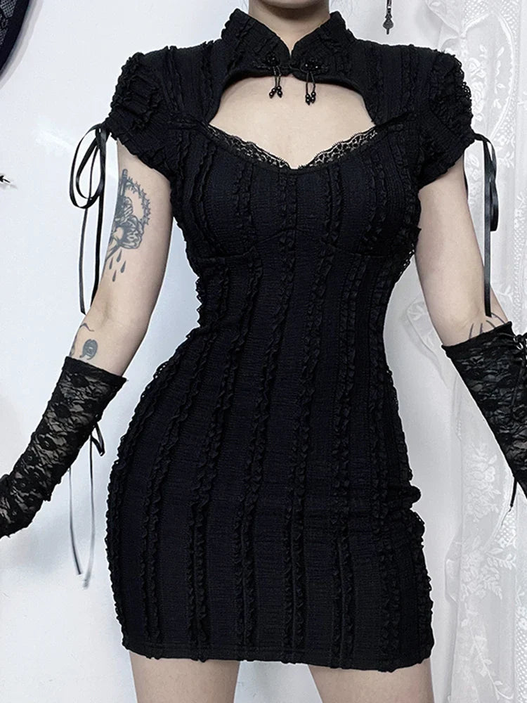 Gothic Hollow Out Collar Short Sleeve Vertical Texture Knitted Hip Dress