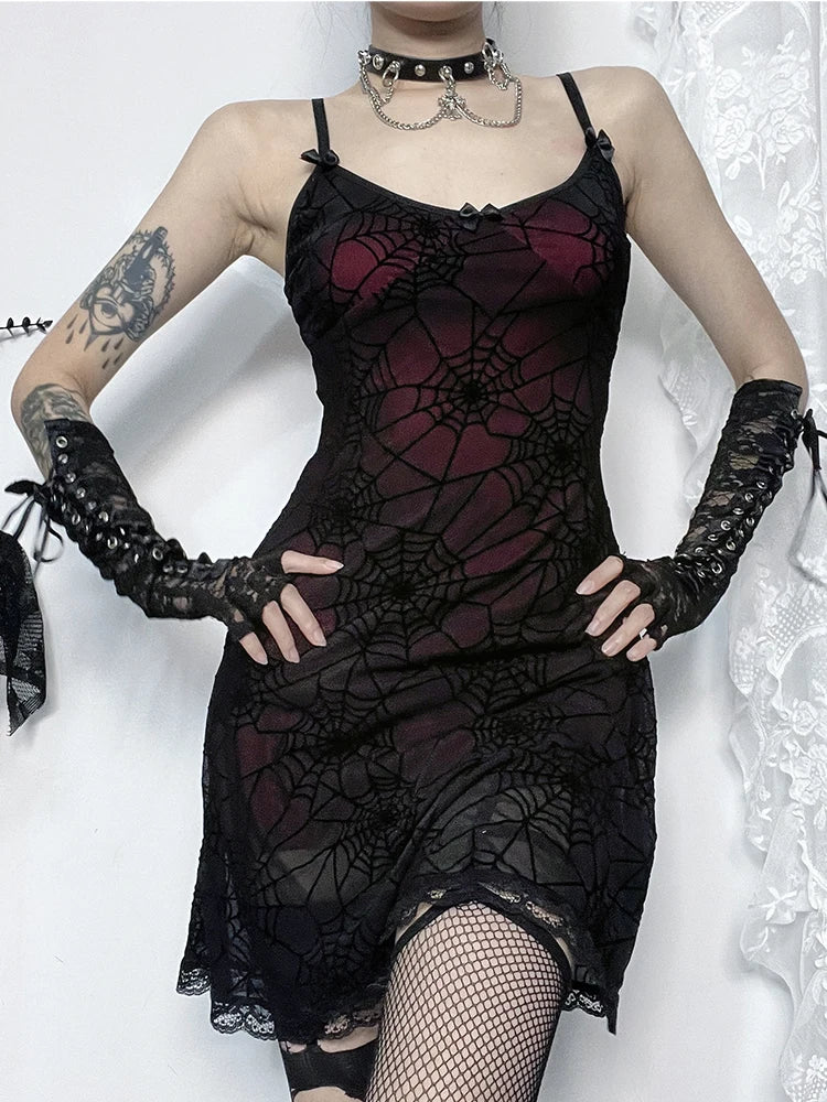 Gothic Lace Stretch Spaghetti Strap Spider Web Contrast Lace Cami Grunge Dress