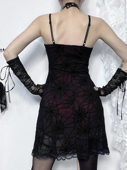 Gothic Lace Stretch Spaghetti Strap Spider Web Contrast Lace Cami Grunge Dress