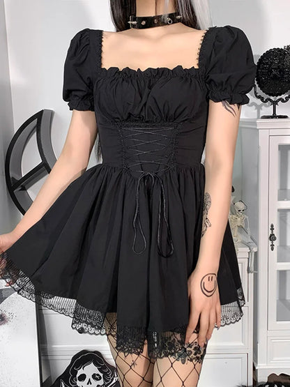 Lolita Corset Mini Bandage Trim Black Puff High Lace Sleeve Aesthetic Waist Goth Vintage Dress