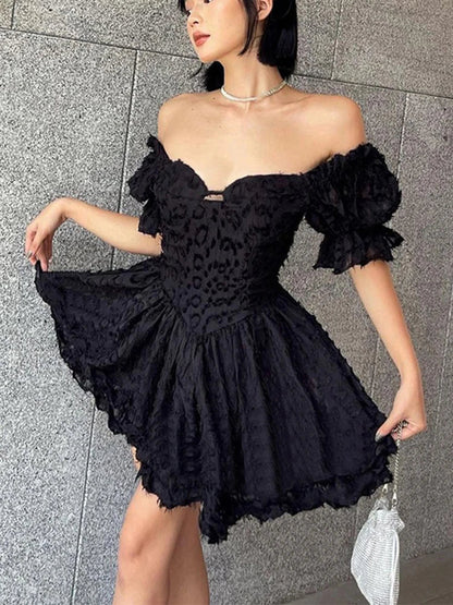 Lolita Summer Vintage High Waist Black Gown Goth Aesthetic Puff Sleeve V-neck Corset Mini Dress