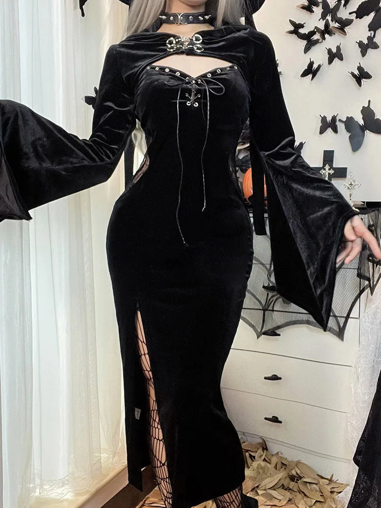 Long Dress Suit With Hat See Through Velvet Lace Cutout High Slit Long Sleeve Button Party Dress