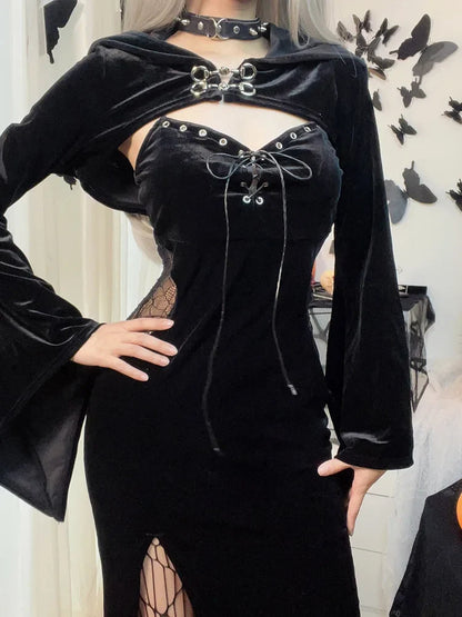 Long Dress Suit With Hat See Through Velvet Lace Cutout High Slit Long Sleeve Button Party Dress