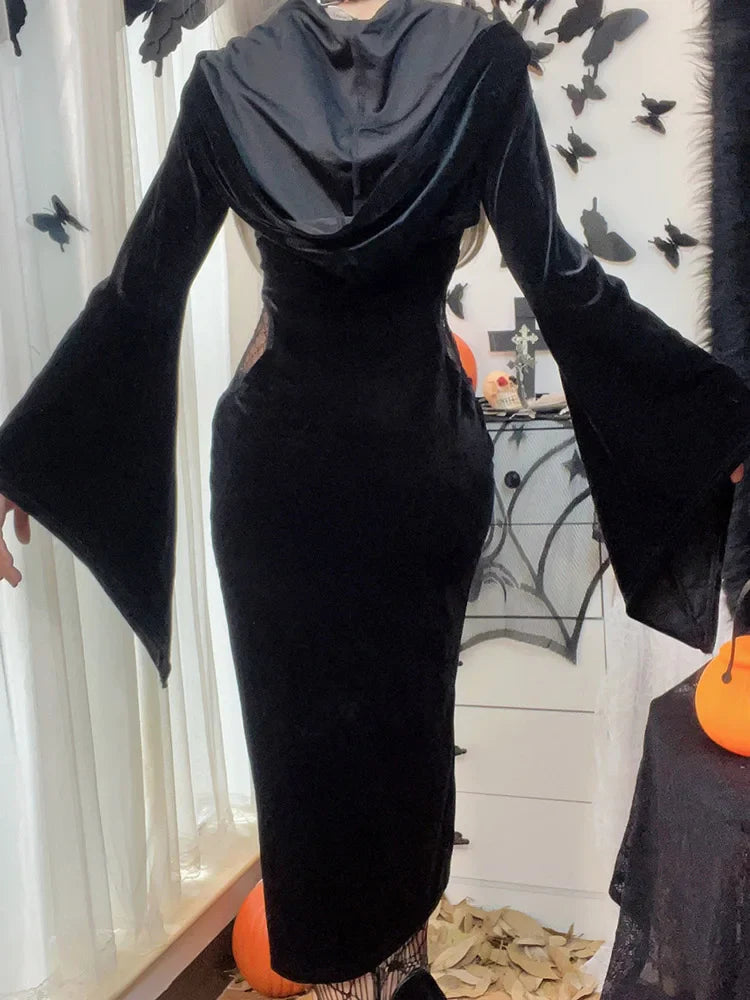 Long Dress Suit With Hat See Through Velvet Lace Cutout High Slit Long Sleeve Button Party Dress