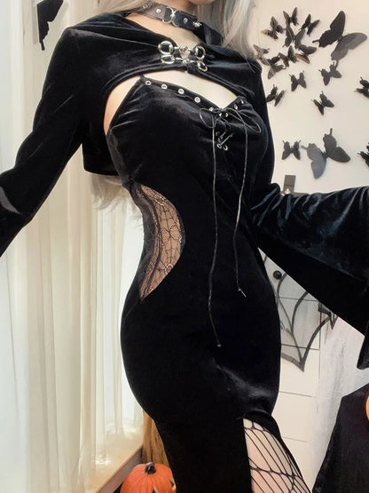 Long Dress Suit With Hat See Through Velvet Lace Cutout High Slit Long Sleeve Button Party Dress