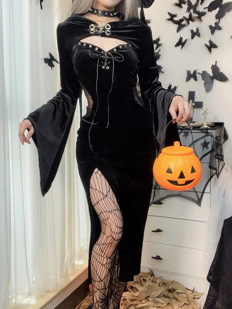 Long Dress Suit With Hat See Through Velvet Lace Cutout High Slit Long Sleeve Button Party Dress