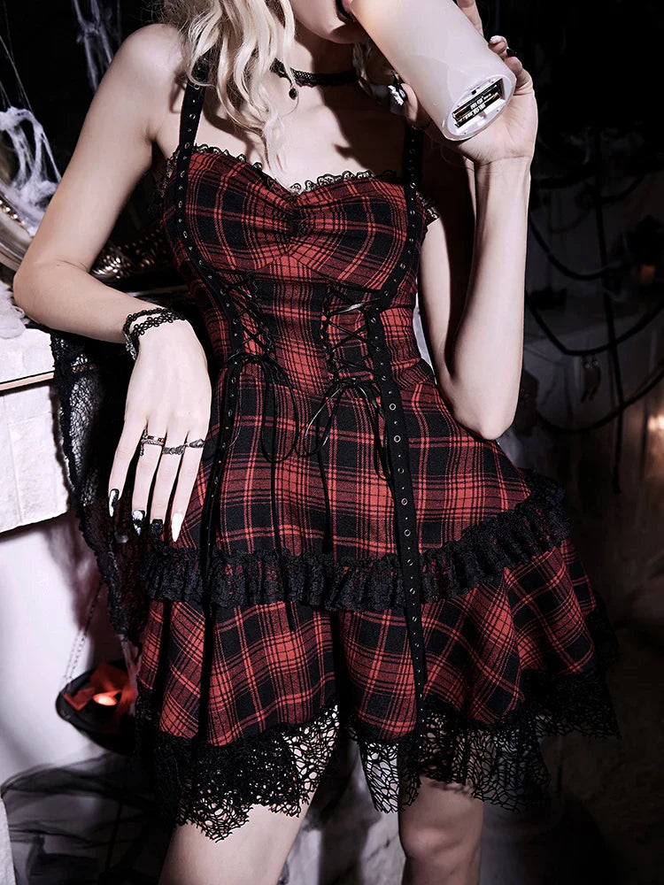 Plaid Red Prom Slip Dress Eyelet Lace Trim Double Cake Vintage Sleeveless Backless Zipper Dress