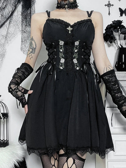 Gothic Sexy Black V Neck Lace Up Grunge Punk High Waist Lace Trim Party Dress