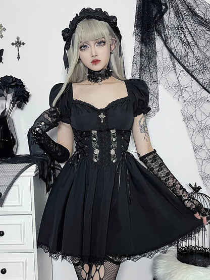 Gothic Sexy Black V Neck Lace Up Grunge Punk High Waist Lace Trim Party Dress