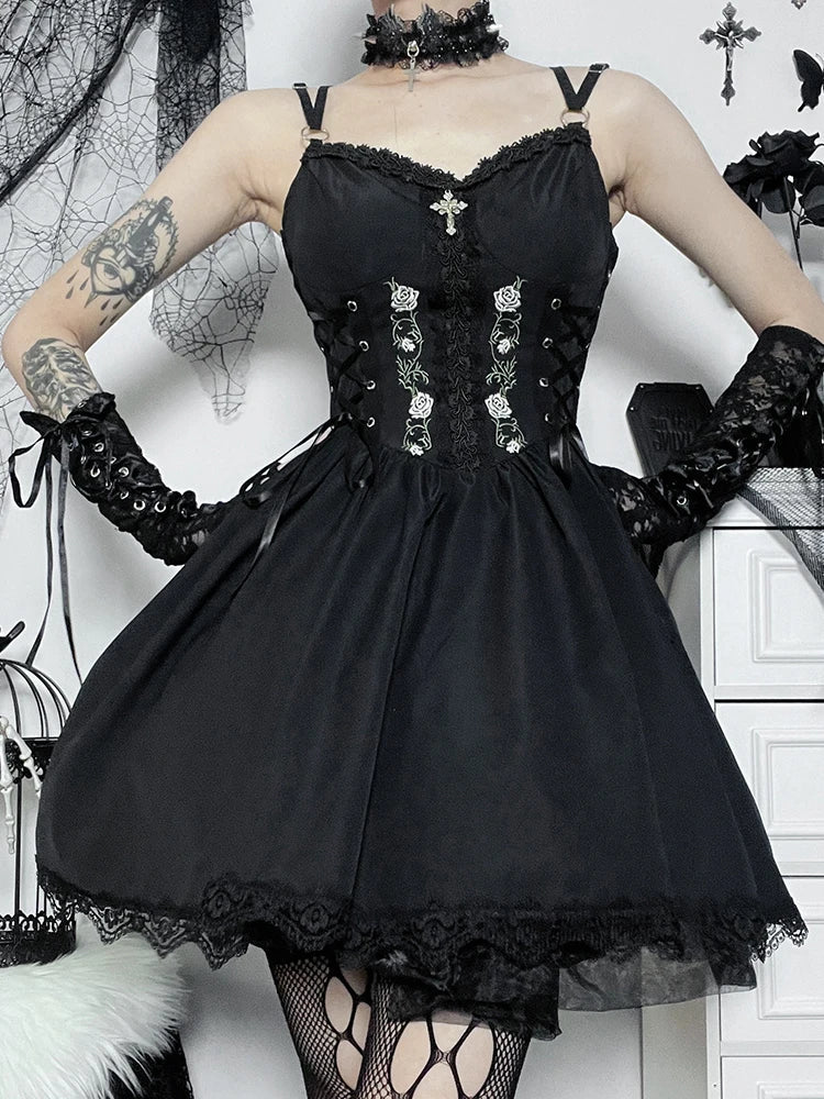 Gothic Sexy Black V Neck Lace Up Grunge Punk High Waist Lace Trim Party Dress