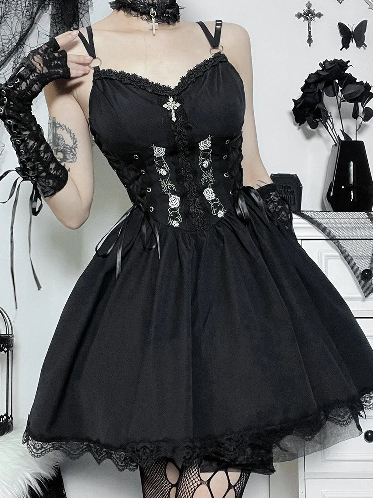 Gothic Sexy Black V Neck Lace Up Grunge Punk High Waist Lace Trim Party Dress