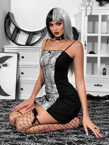 Gothic Club Spaghetti Patchwork Velvet Web Bodycon Strap Sleeveless Spider A-Line Dress