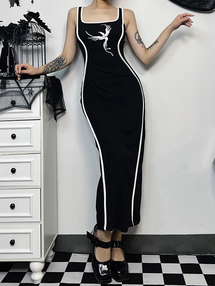 Gothic Square Neck Tank Sexy Sleeveless Waist White Embroidery Bodycon Dress