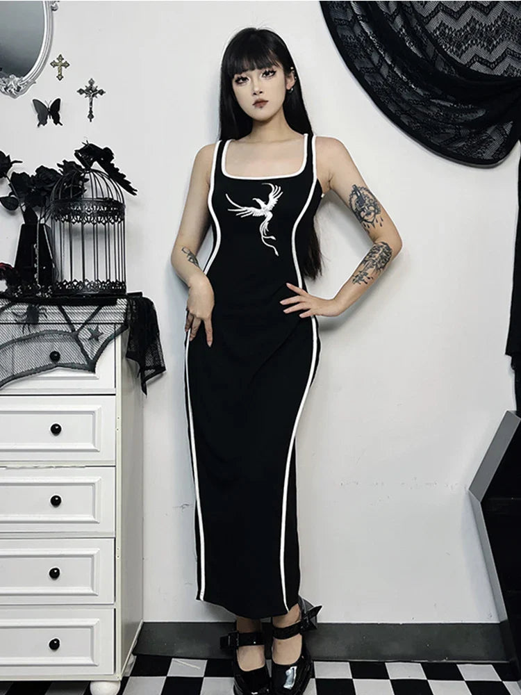 Gothic Square Neck Tank Sexy Sleeveless Waist White Embroidery Bodycon Dress