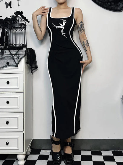 Gothic Square Neck Tank Sexy Sleeveless Waist White Embroidery Bodycon Dress