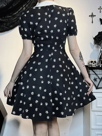 Gothic Down Print Sleeve Swing Short Turn Collar Punk Cloak Bodycon A-Line Dress