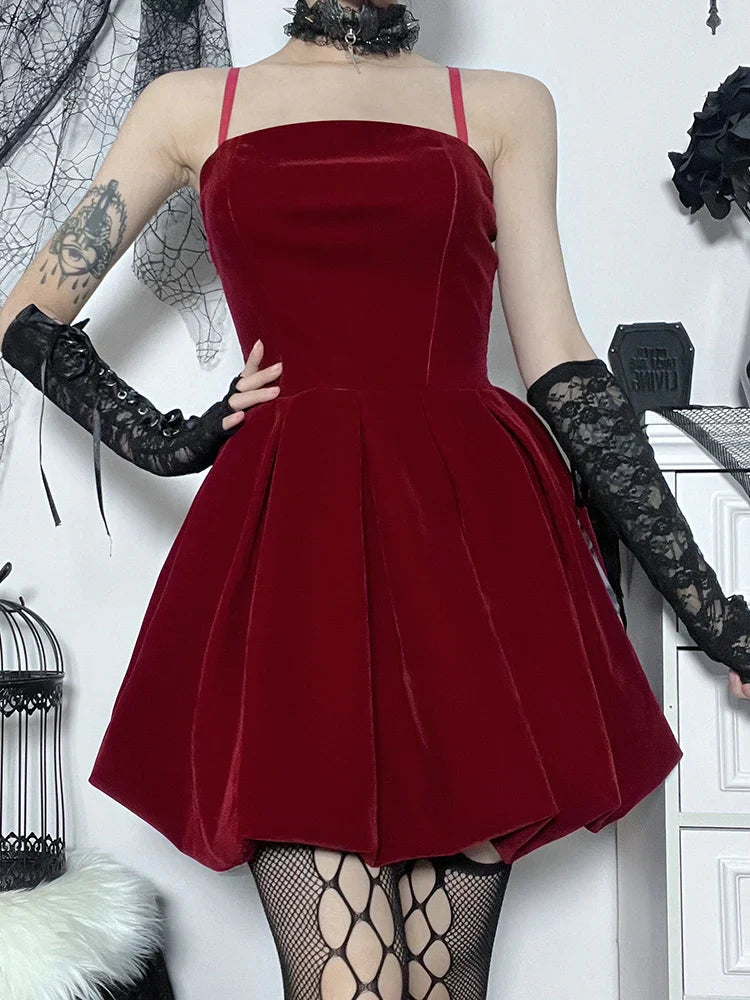 Velvet Solid Shirring High Waist Straps A-Line Party Mini Elegant New Year Dress