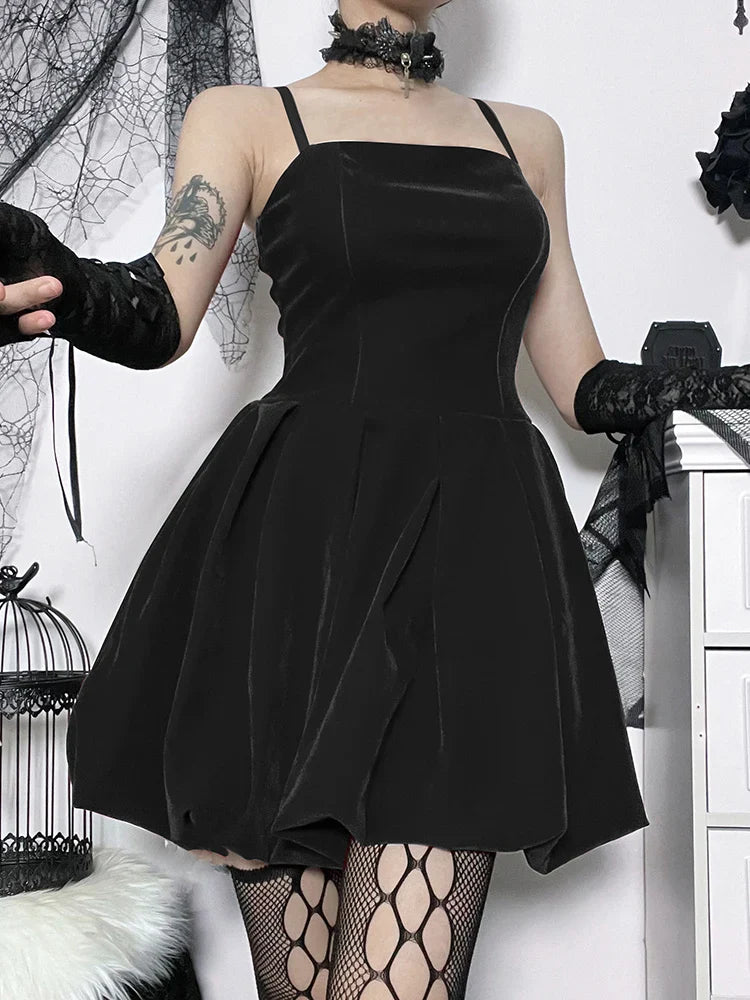 Velvet Solid Shirring High Waist Straps A-Line Party Mini Elegant New Year Dress