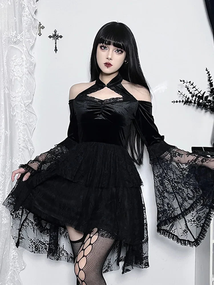 Gothic Long Cocktail Vintage Velvet Off Mesh Halloween Shoulder Sleeves Party Cosplay Lace Dress