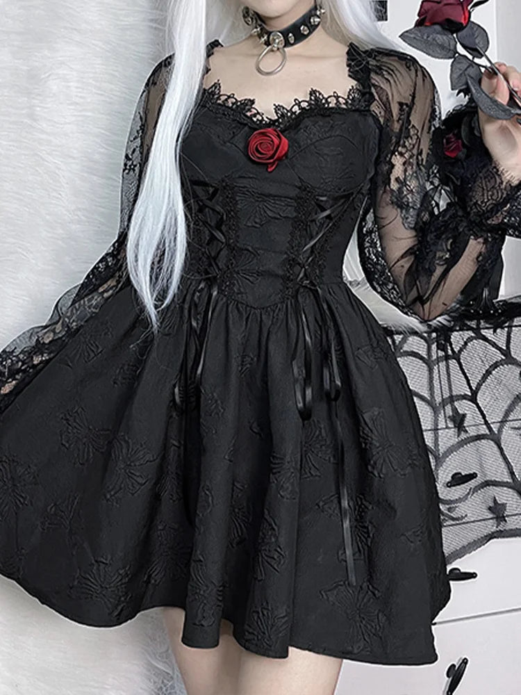 Grunge Party High Waist Gothic Dark Sexy A-Line Jacquard Sleeve Lolita Vintage Harajuku Dress