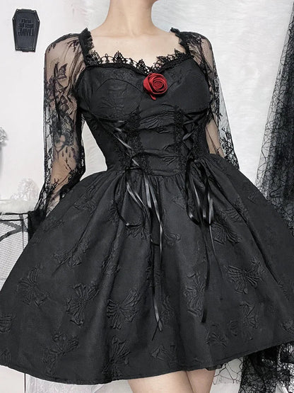 Grunge Party High Waist Gothic Dark Sexy A-Line Jacquard Sleeve Lolita Vintage Harajuku Dress