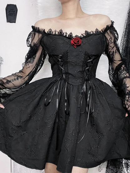 Grunge Sleeve Sexy Gothic High Harajuku Lolita Waist A-Line Vintage Lace Jacquard Party Dark Dress