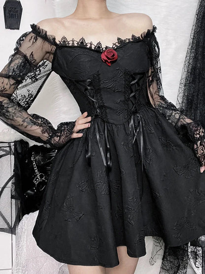 Grunge Sleeve Sexy Gothic High Harajuku Lolita Waist A-Line Vintage Lace Jacquard Party Dark Dress