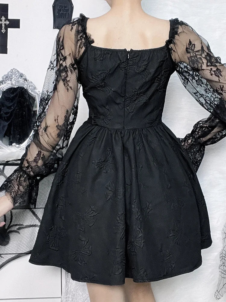 Grunge Sleeve Sexy Gothic High Harajuku Lolita Waist A-Line Vintage Lace Jacquard Party Dark Dress