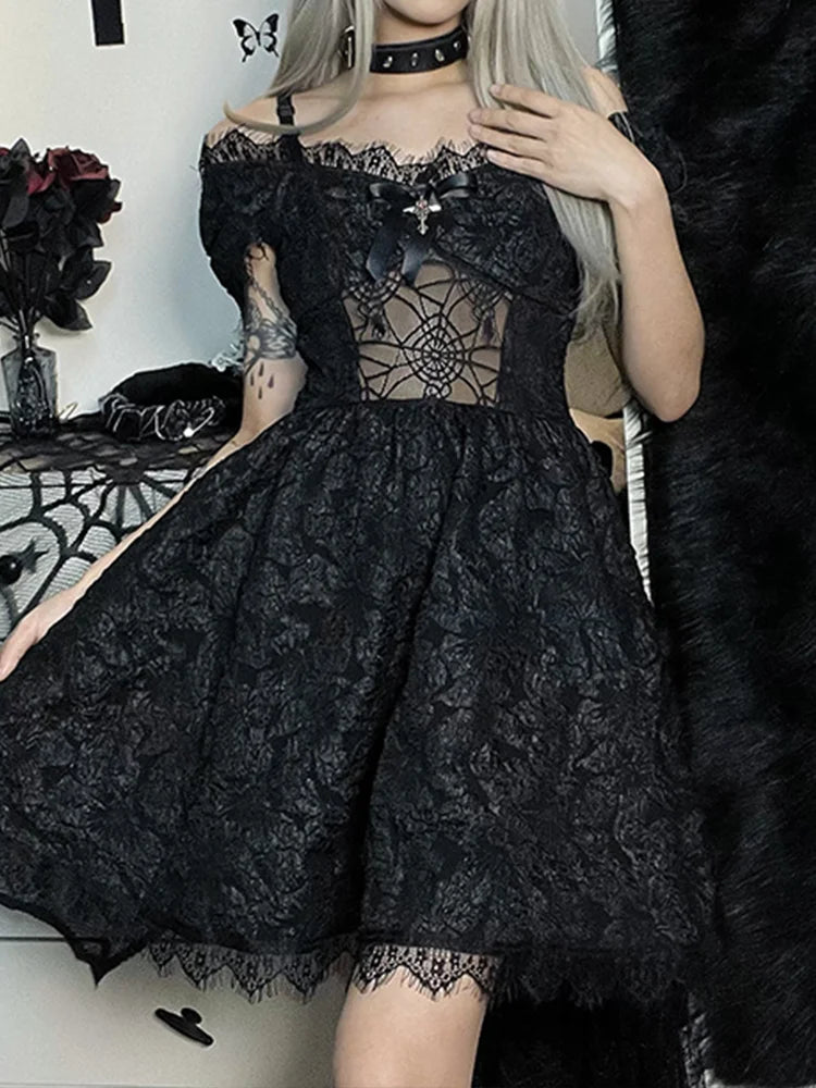 Mini Party Aesthetic Grunge High Sexy Lace Cutouts One Clubwear Elegant Y2K Shoulder Prom A-Line Waist Strap Dress