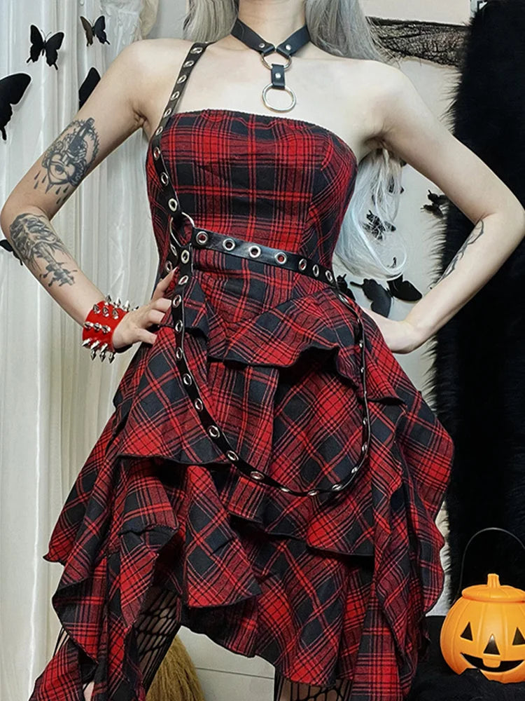 Red Plaid One Shoulder Irregular Backless Sexy Vintage Lolita Academy Dress